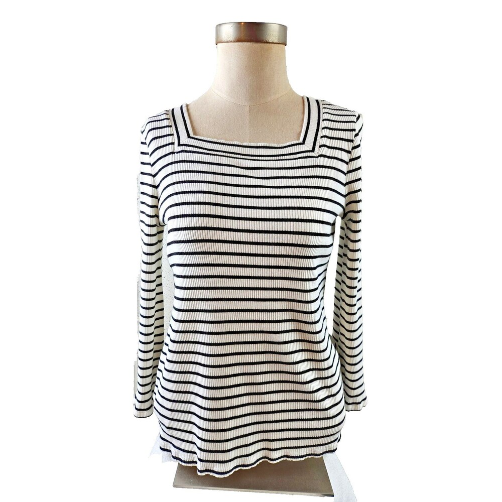 Chicos Womens Ribbed Top sz 1 Black/White Stripes Square Neck Long Sleeve